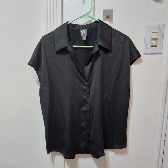 Worthington Womens Satin Black Short Sleeve Regular Fit Button-Down Shirt MEDIUM - Picture 4 of 9